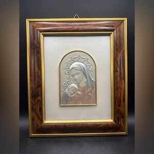 Vintage Italian Madonna & Child Icon 925 Sterling Silver Art Artwork, Framed